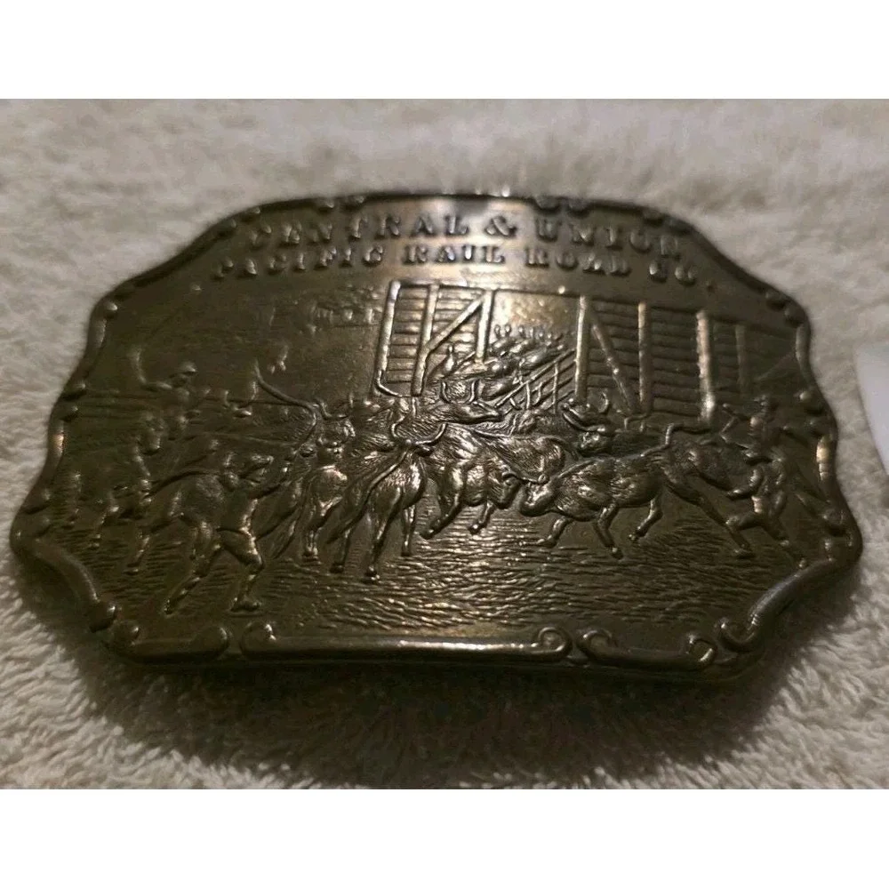 Tiffany Central & Union Pacific Railroad Western Americana Brass Belt Buckle 12
